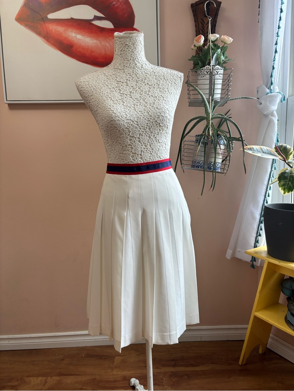 Cream Midi Pleated Skirt with Red & Navy Stripe Waistband